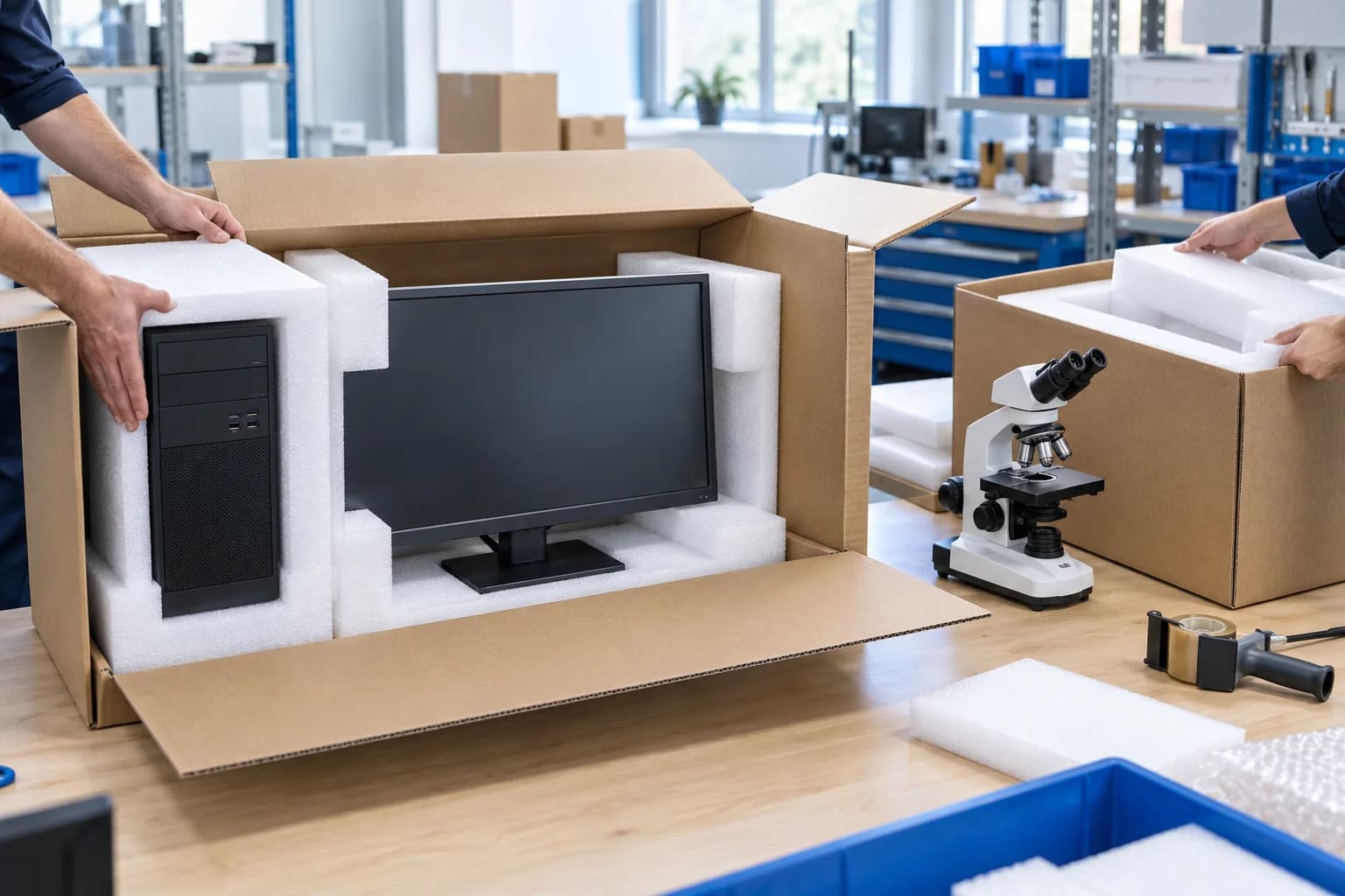 Computer equipment in fitted protective foam with a laboratory microscope nearby