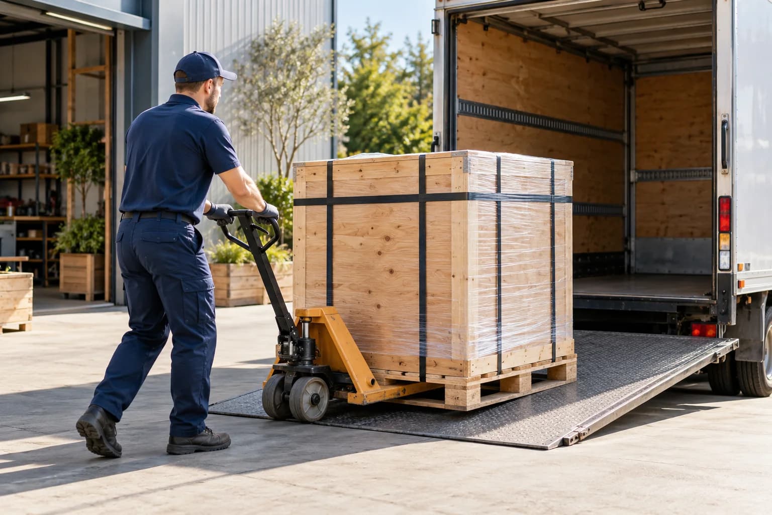 A secured wooden crate on a pallet being prepared for truck transport