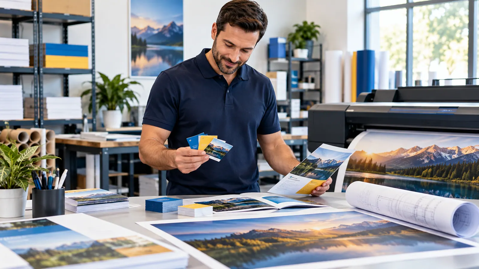 A large-format printer producing oversized posters beside rolled blueprints
